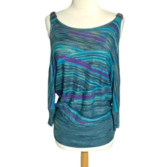 Vintage Cache women's M blue + purple cold shoulder rayon top Y2K Retro - Picture 2 of 7